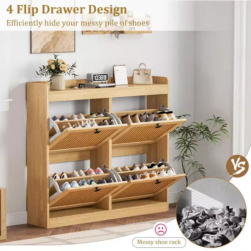 Meuble à chaussures avec 4 tiroirs basculants, meuble à chaussures en bois avec portes en rotin