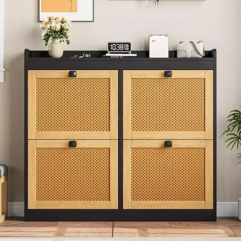 Meuble à chaussures avec 4 tiroirs basculants, meuble à chaussures en bois avec portes en rotin
