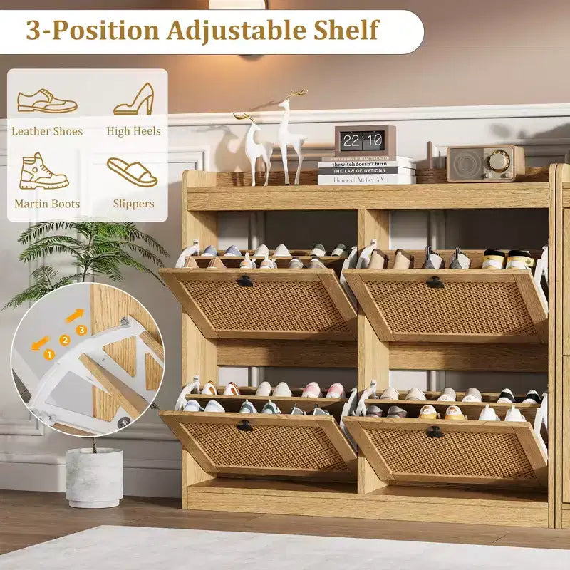 Meuble à chaussures avec 4 tiroirs basculants, meuble à chaussures en bois avec portes en rotin