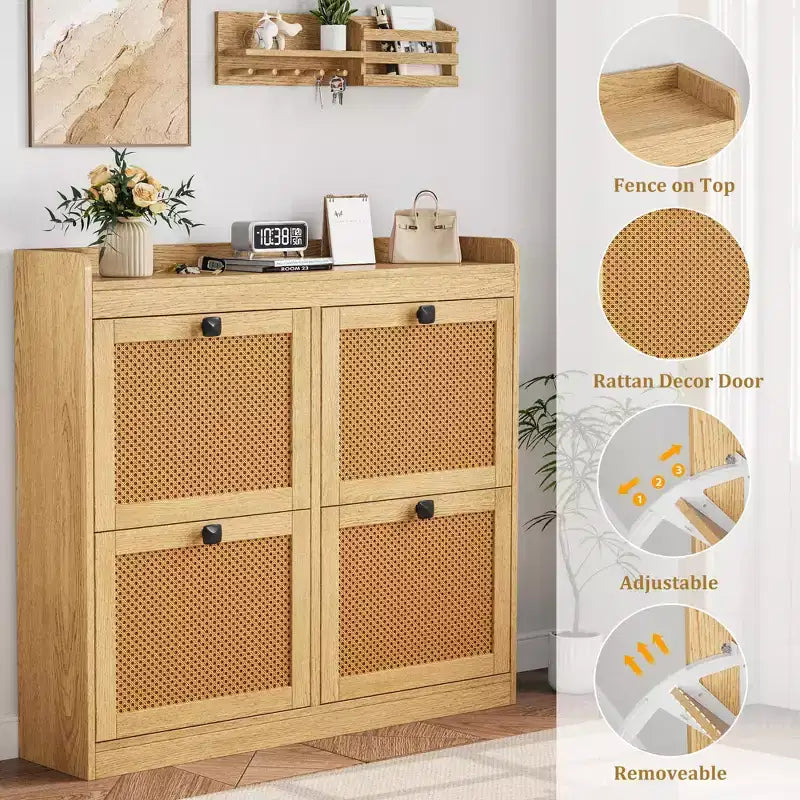 Meuble à chaussures avec 4 tiroirs basculants, meuble à chaussures en bois avec portes en rotin