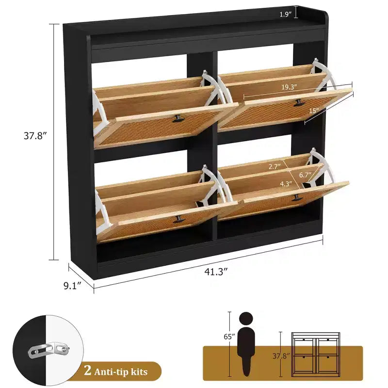 Meuble à chaussures avec 4 tiroirs basculants, meuble à chaussures en bois avec portes en rotin