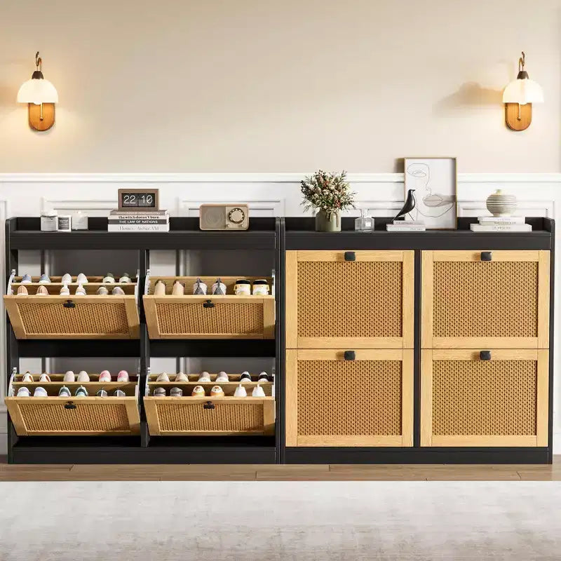 Meuble à chaussures avec 4 tiroirs basculants, meuble à chaussures en bois avec portes en rotin