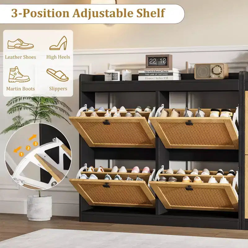 Meuble à chaussures avec 4 tiroirs basculants, meuble à chaussures en bois avec portes en rotin