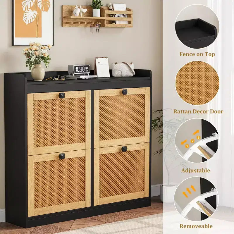 Meuble à chaussures avec 4 tiroirs basculants, meuble à chaussures en bois avec portes en rotin