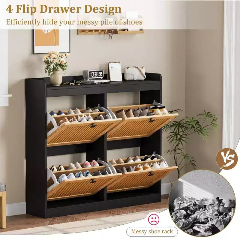 Meuble à chaussures avec 4 tiroirs basculants, meuble à chaussures en bois avec portes en rotin