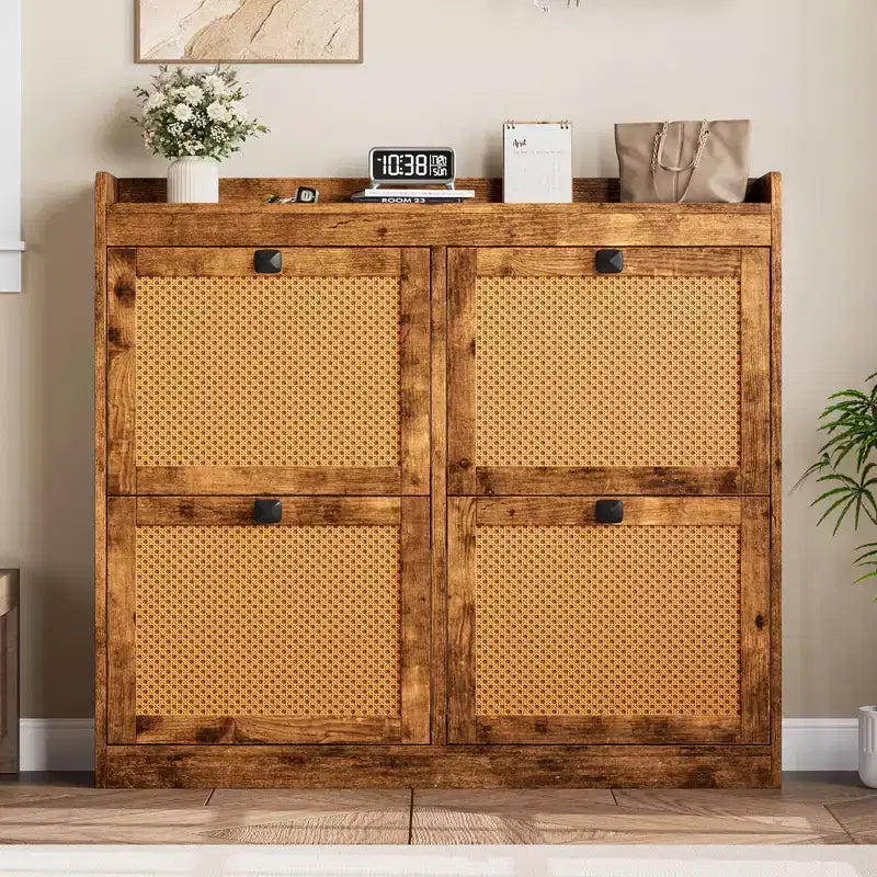 Meuble à chaussures avec 4 tiroirs basculants, meuble à chaussures en bois avec portes en rotin