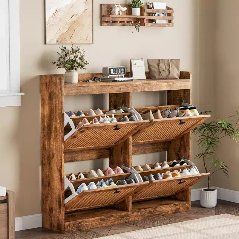 Meuble à chaussures avec 4 tiroirs basculants, meuble à chaussures en bois avec portes en rotin