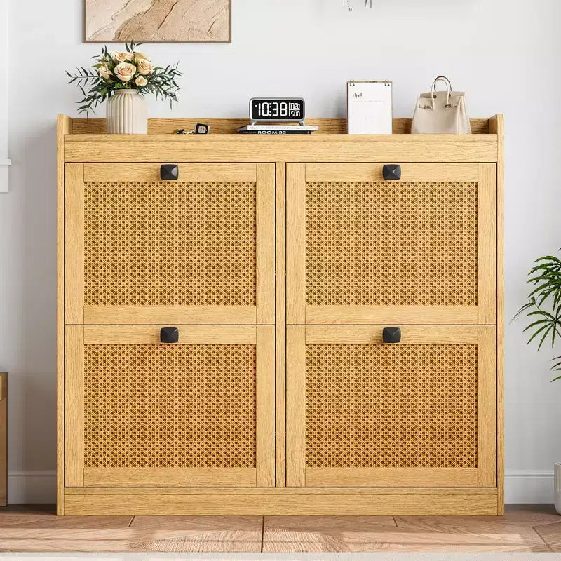Meuble à chaussures avec 4 tiroirs basculants, meuble à chaussures en bois avec portes en rotin