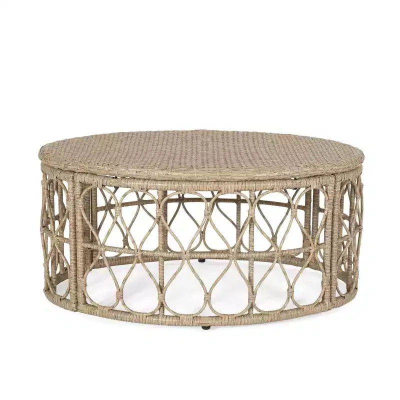 Table basse, table d'appoint ronde avec plateau en osier tressé, table de canapé en rotin pour patio avec design en boucle pour jardin, cour arrière