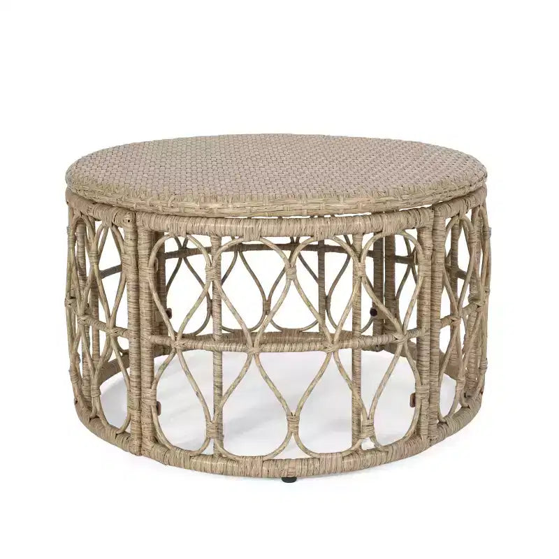 Table basse, table d'appoint ronde avec plateau en osier tressé, table de canapé en rotin pour patio avec design en boucle pour jardin, cour arrière