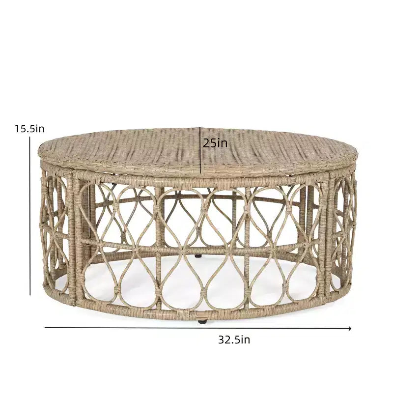 Table basse, table d'appoint ronde avec plateau en osier tressé, table de canapé en rotin pour patio avec design en boucle pour jardin, cour arrière