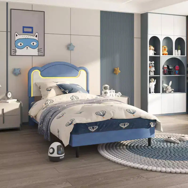 Twin Size Upholstered Bed Frame with Fabric Headboard, Princess Platform Bed for Girls with Wood Slats, No Box Spring Needed
