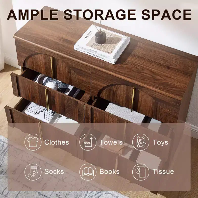 Commode de chambre à coucher cintrée à 6 tiroirs, 120 cm de large en bois