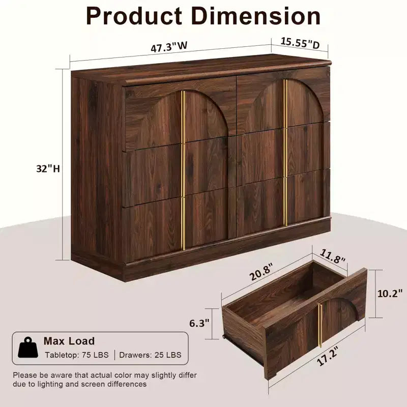 Commode de chambre à coucher cintrée à 6 tiroirs, 120 cm de large en bois