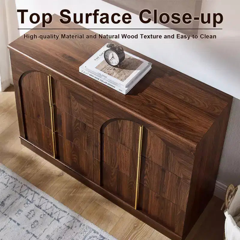 Commode de chambre à coucher cintrée à 6 tiroirs, 120 cm de large en bois