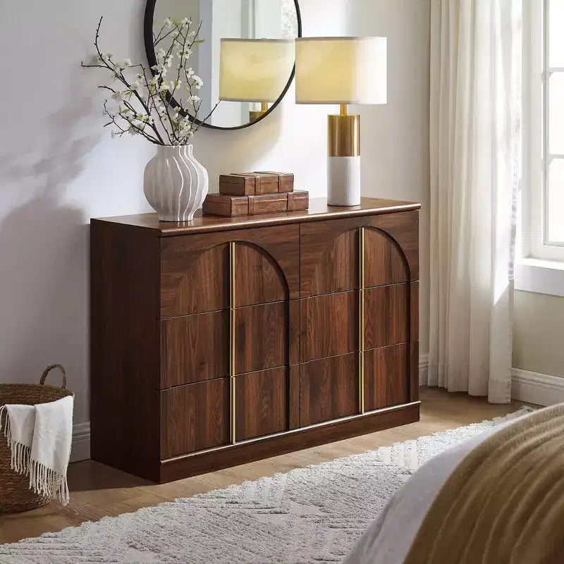 Commode de chambre à coucher cintrée à 6 tiroirs, 120 cm de large en bois