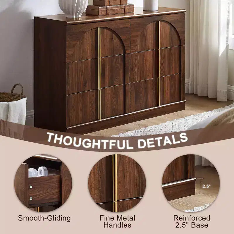 Commode de chambre à coucher cintrée à 6 tiroirs, 120 cm de large en bois