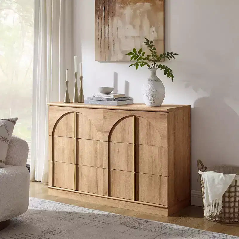 Commode de chambre à coucher cintrée à 6 tiroirs, 120 cm de large en bois