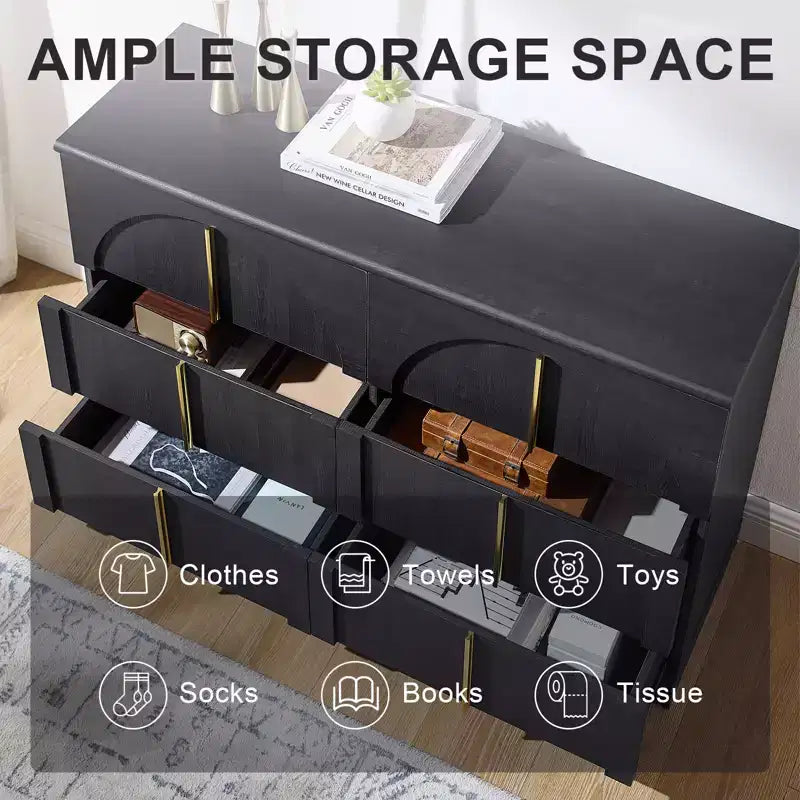 Commode de chambre à coucher cintrée à 6 tiroirs, 120 cm de large en bois