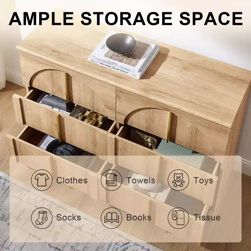 Commode de chambre à coucher cintrée à 6 tiroirs, 120 cm de large en bois