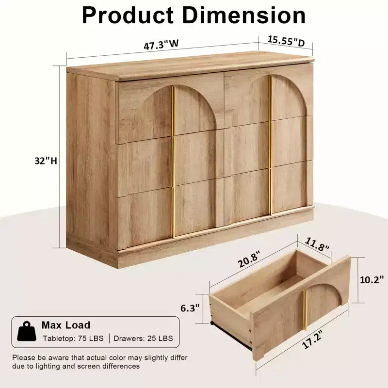 Commode de chambre à coucher cintrée à 6 tiroirs, 120 cm de large en bois