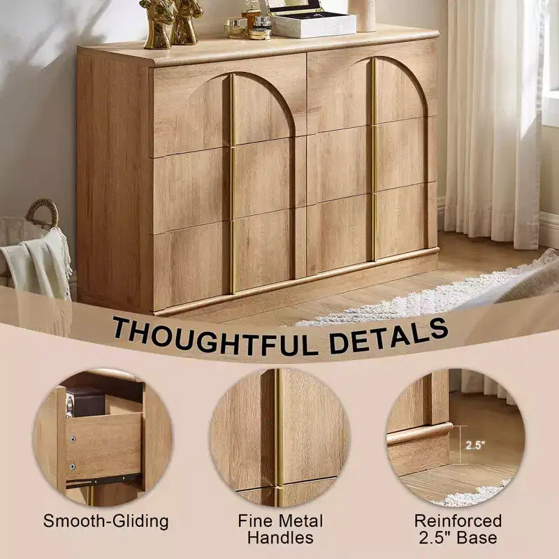 Commode de chambre à coucher cintrée à 6 tiroirs, 120 cm de large en bois