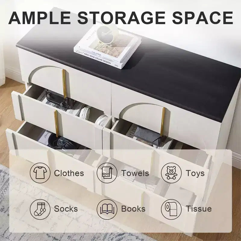 Commode de chambre à coucher cintrée à 6 tiroirs, 120 cm de large en bois