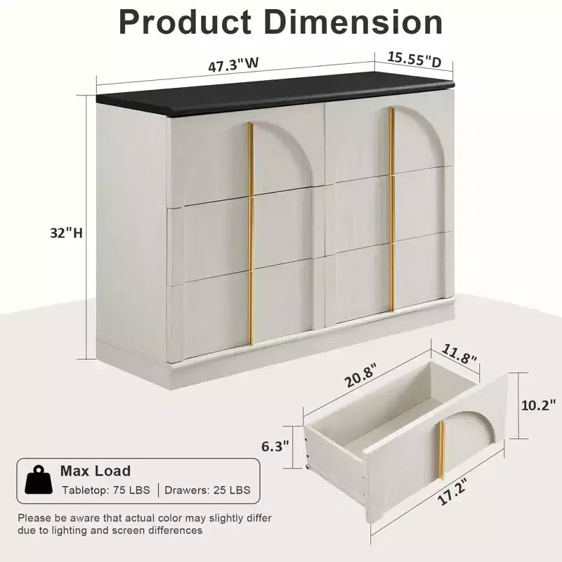 Commode de chambre à coucher cintrée à 6 tiroirs, 120 cm de large en bois