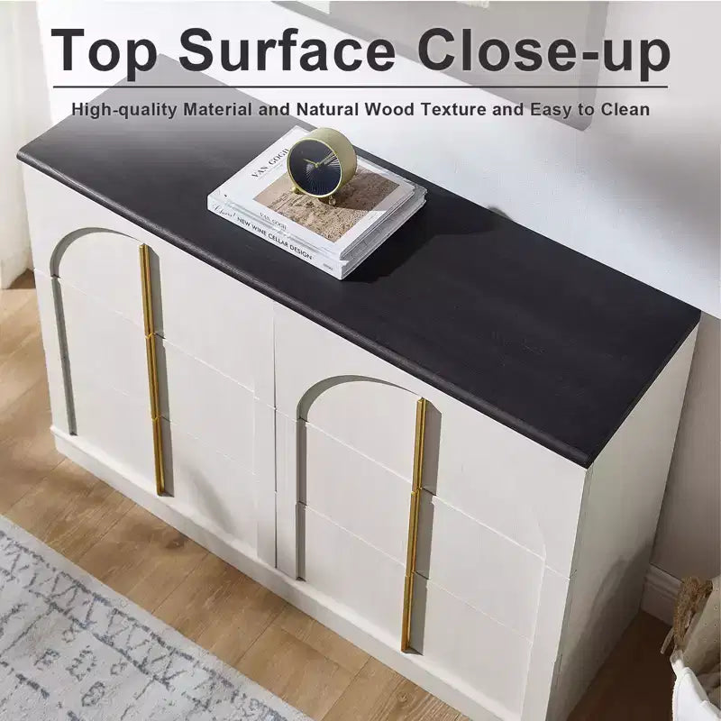 Commode de chambre à coucher cintrée à 6 tiroirs, 120 cm de large en bois