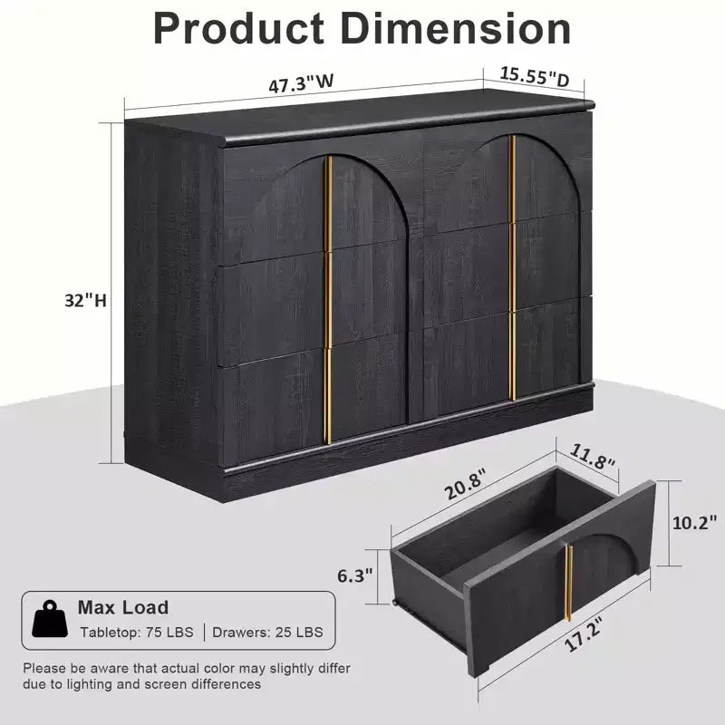Commode de chambre à coucher cintrée à 6 tiroirs, 120 cm de large en bois