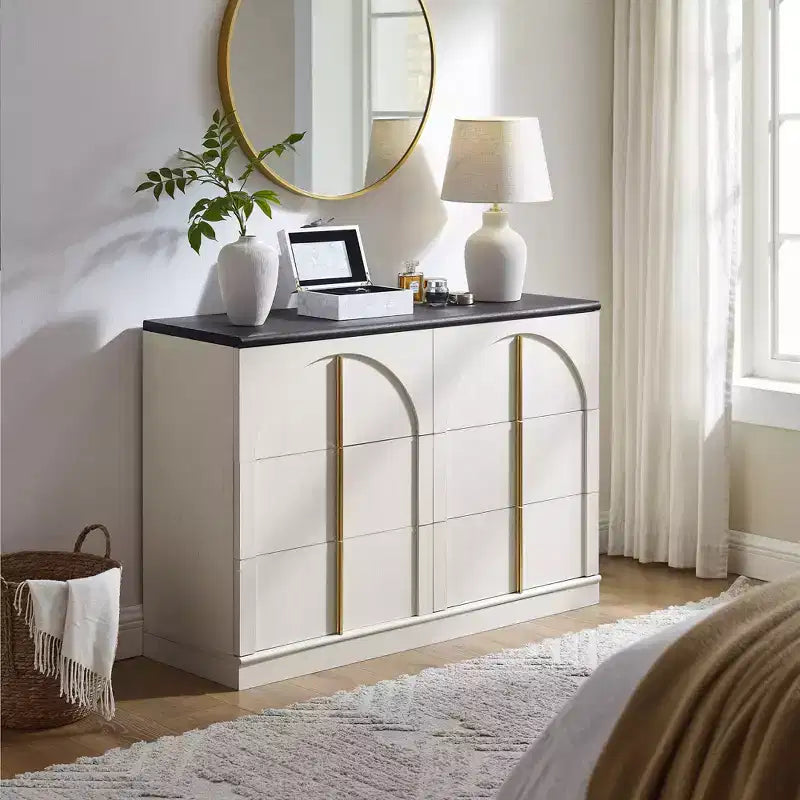 Commode de chambre à coucher cintrée à 6 tiroirs, 120 cm de large en bois