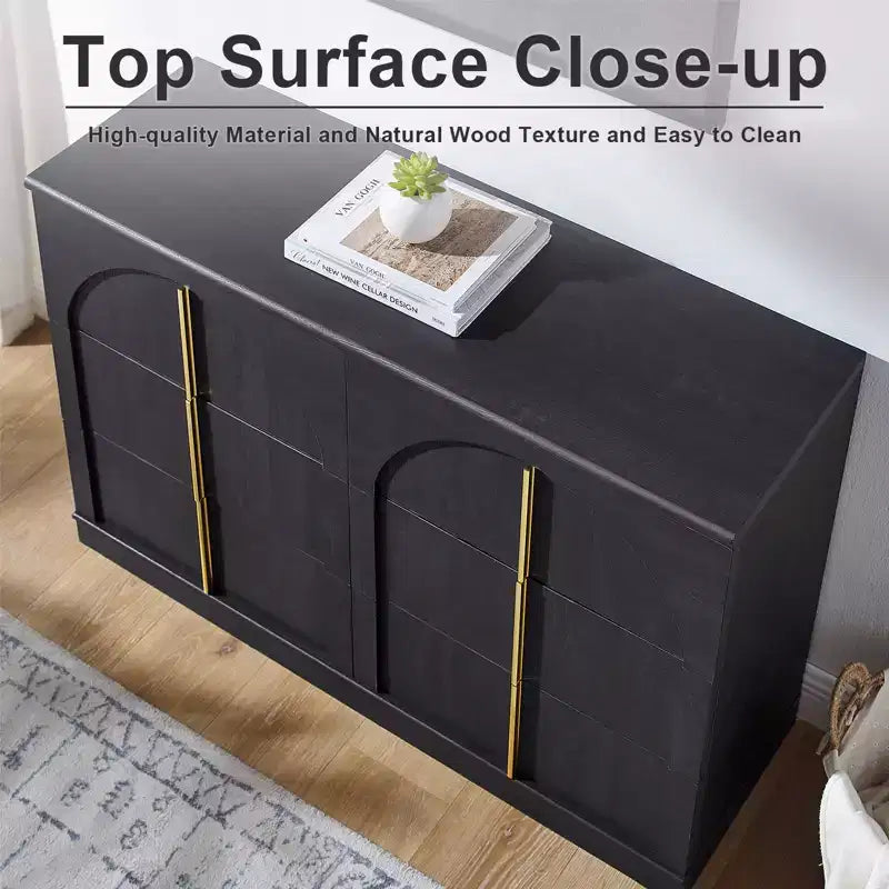 Commode de chambre à coucher cintrée à 6 tiroirs, 120 cm de large en bois