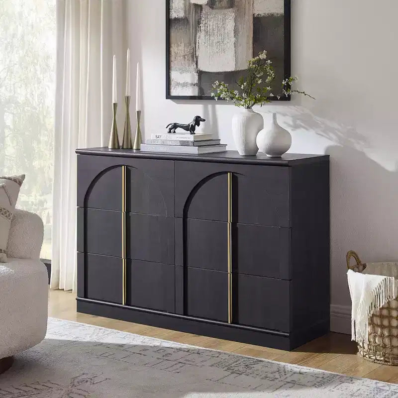 Commode de chambre à coucher cintrée à 6 tiroirs, 120 cm de large en bois