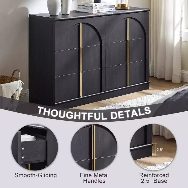 Commode de chambre à coucher cintrée à 6 tiroirs, 120 cm de large en bois