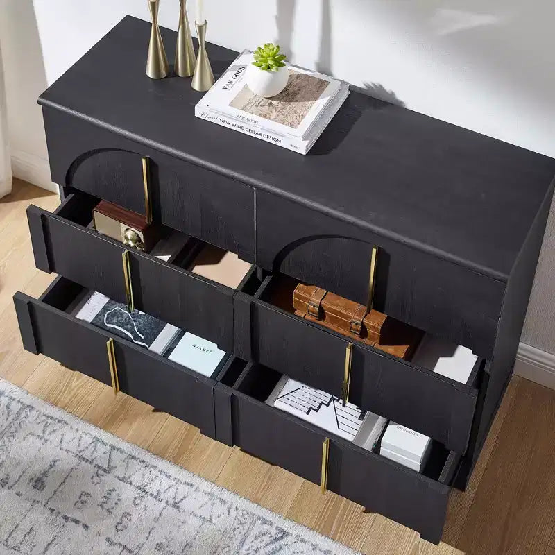 Commode de chambre à coucher cintrée à 6 tiroirs, 120 cm de large en bois