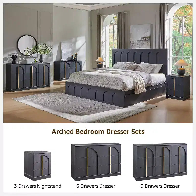 Commode de chambre à coucher cintrée à 6 tiroirs, 120 cm de large en bois
