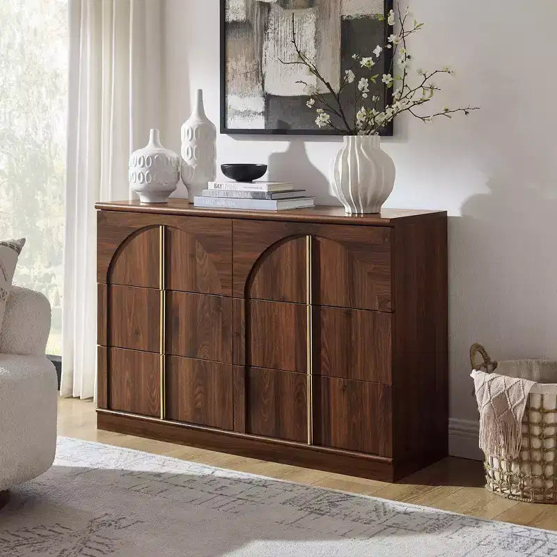 Commode de chambre à coucher cintrée à 6 tiroirs, 120 cm de large en bois