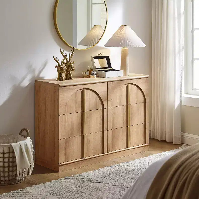 Commode de chambre à coucher cintrée à 6 tiroirs, 120 cm de large en bois