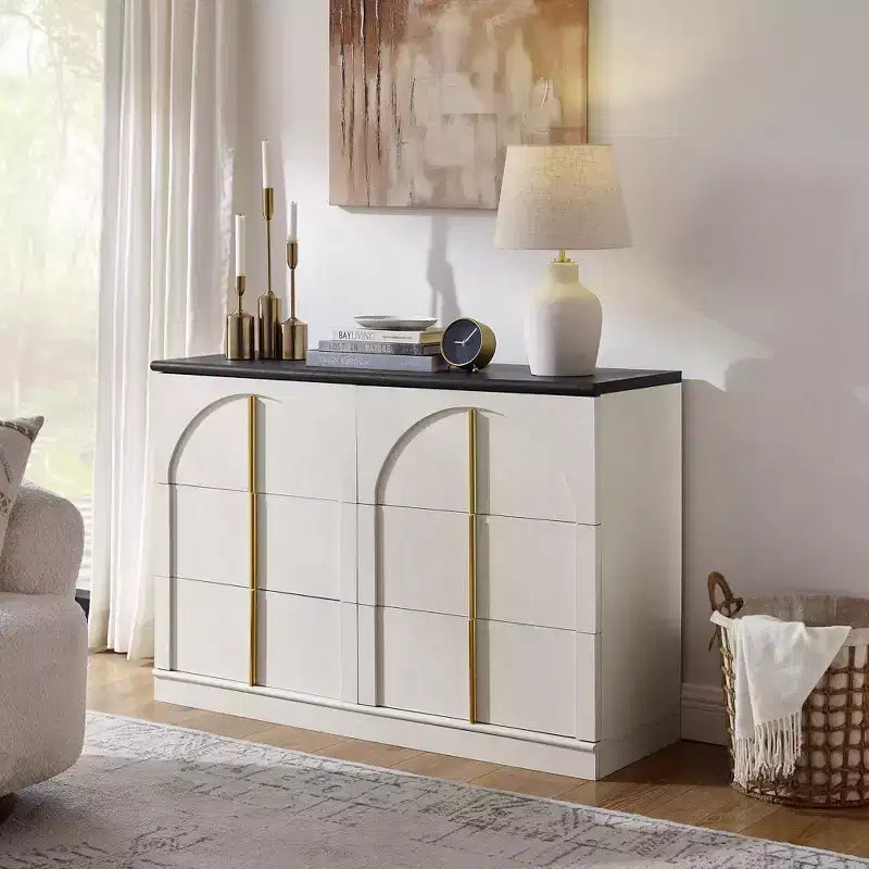 Commode de chambre à coucher cintrée à 6 tiroirs, 120 cm de large en bois