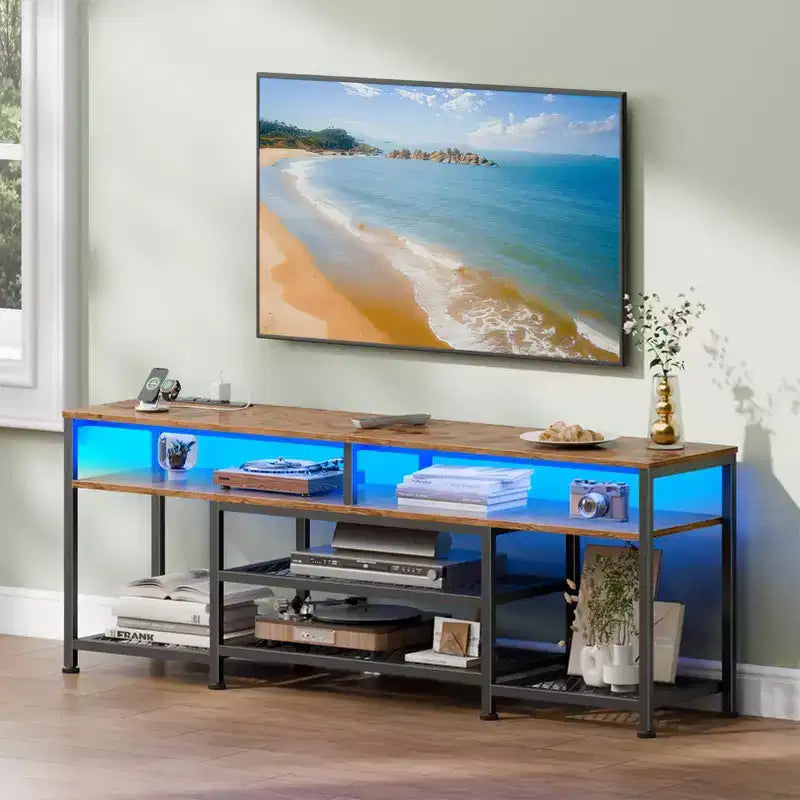 63 Inch Rustic Brown TV Stand with Charging Station LED Lights Entertainment Center for TVs up to 70 Inch Media Console Storage Shelves Living Room