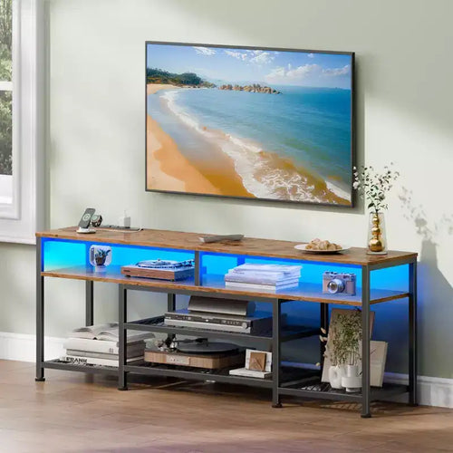 63 Inch Rustic Brown TV Stand with Charging Station LED Lights Entertainment Center for TVs up to 70 Inch Media Console Storage Shelves Living Room