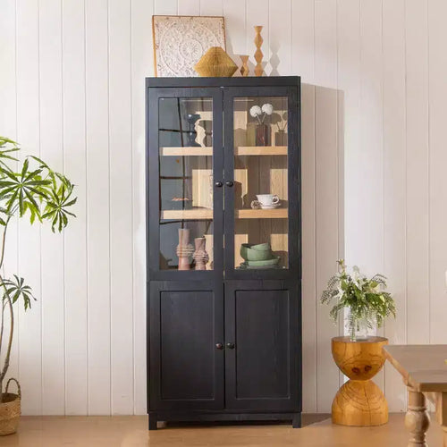 74.5 H Ash Wood Grain Display Cabinet, Bookcase with Glass Doors & Adjustable Shelves