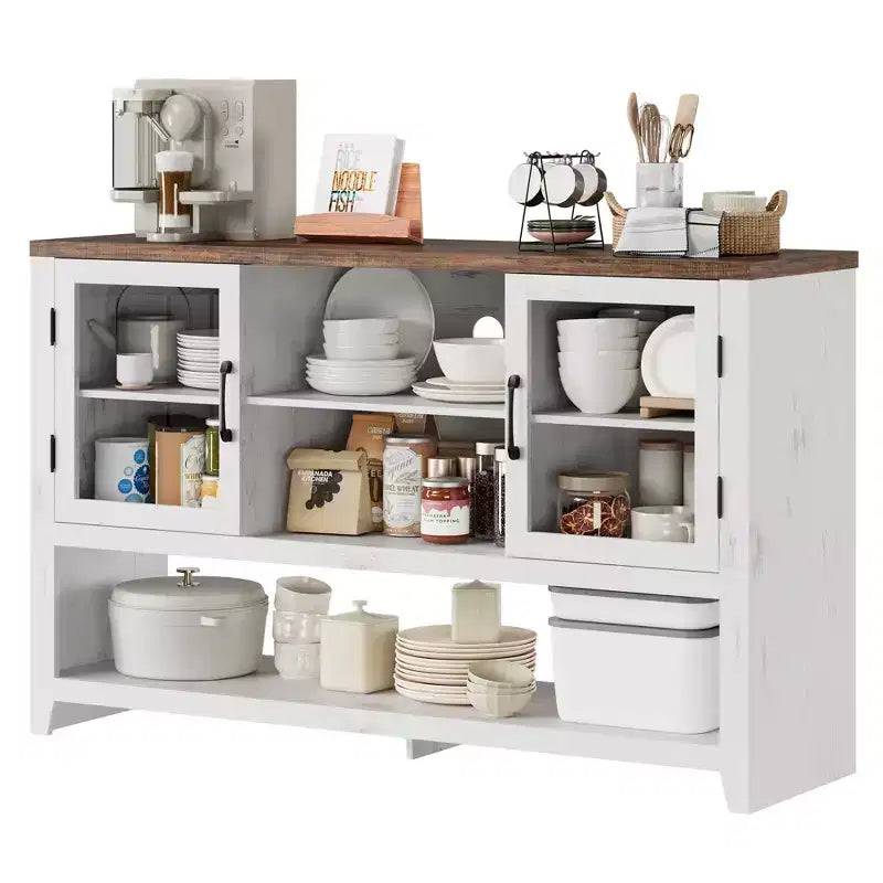 Buffet de cuisine de 53 po – Meuble de bar à café avec 2 portes en verre et 3 étagères