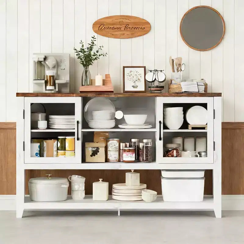 Buffet de cuisine de 53 po – Meuble de bar à café avec 2 portes en verre et 3 étagères