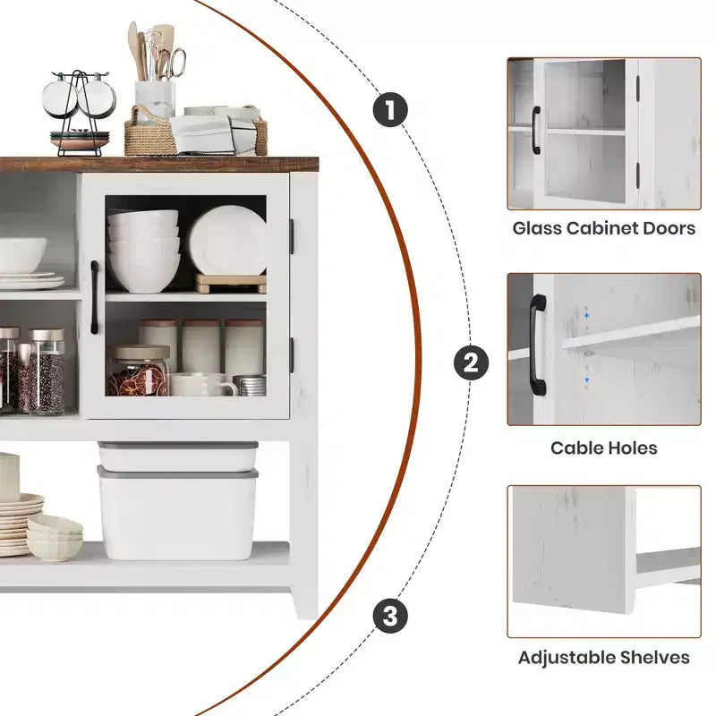 Buffet de cuisine de 53 po – Meuble de bar à café avec 2 portes en verre et 3 étagères