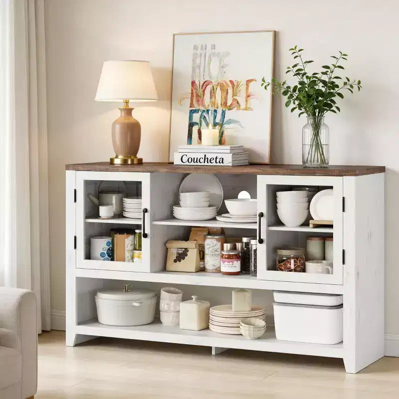 Buffet de cuisine de 53 po – Meuble de bar à café avec 2 portes en verre et 3 étagères