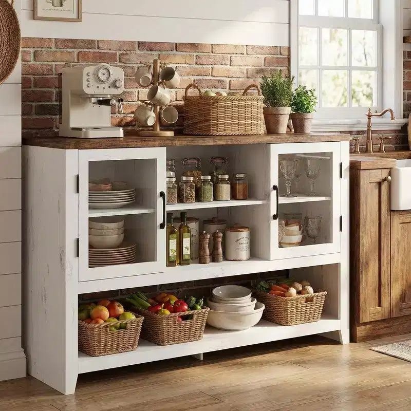 Buffet de cuisine de 53 po – Meuble de bar à café avec 2 portes en verre et 3 étagères