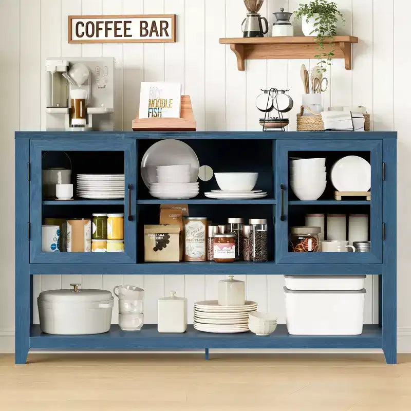 Buffet de cuisine de 53 po – Meuble de bar à café avec 2 portes en verre et 3 étagères
