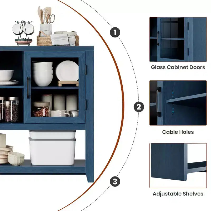 Buffet de cuisine de 53 po – Meuble de bar à café avec 2 portes en verre et 3 étagères