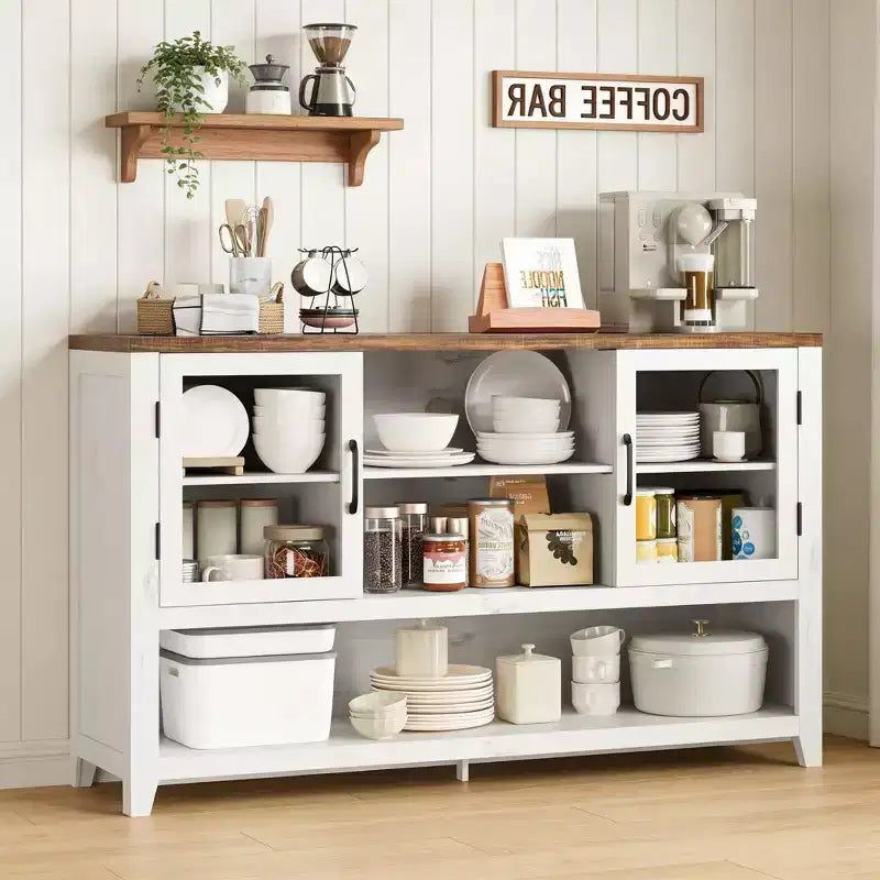 Buffet de cuisine de 53 po – Meuble de bar à café avec 2 portes en verre et 3 étagères